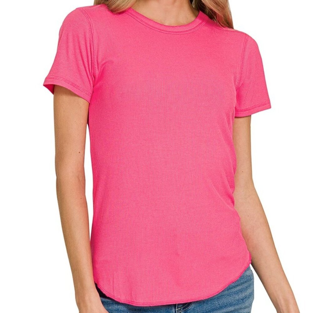 NWT Zenana Ribbed Curved Hem Round-Neck Tee